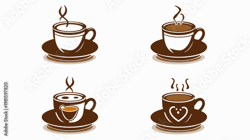 Four stylized cups of coffee on saucers, with steam rising, on a white background