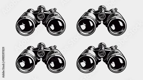Four black and white illustrations of binoculars against a light gray background