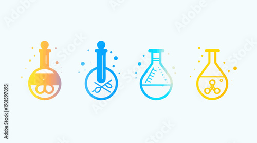 Four stylized, colorful beakers with varied designs and gradients, set against a white backdrop