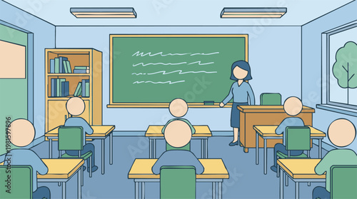 Teacher instructing students in a bright school classroom with chalkboard