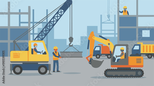 Building construction site with workers operating heavy machinery