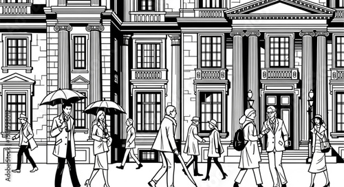 People Walking in Front of a Building on a Rainy Day.