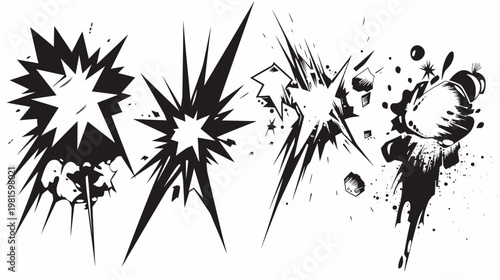 Comic book style illustrations of explosions and impacts, rendered in black and white