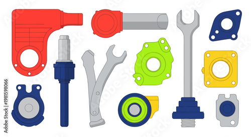 Colorful Mechanical Parts and Tools Collection - Flat Design