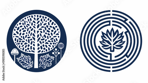 Two navy-blue circular graphic designs with white elements tree, leaves, maze, and plant-like illustrations