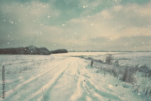 Pastel-Colored Snowy Landscape Framed in Retro Polaroid Look and Quiet Seasonal Mood