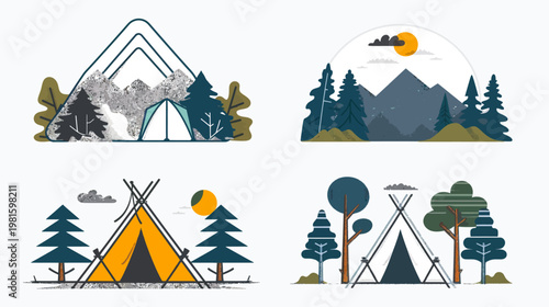 Four illustrations of campsites in various landscape settings, featuring tents, trees, mountains, sun & clouds