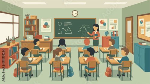 Elementary school classroom scene with teacher and students learning