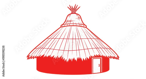 Traditional African Hut, Thatched Roof, Red Illustration, Simple Design