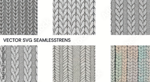 Seamless knitted patterns, cable knit textures, winter fabric backgrounds