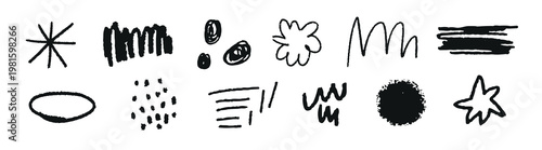 Collection of abstract black ink doodles. Includes lines, dots, and shapes. Abstract doodles in black ink, perfect for creative projects and designs. Vector illustration element set.