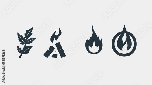 A collection of four minimalist nature icons, including a leaf, burning wood, and stylized flames