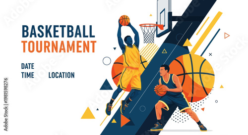 Basketball Tournament Event Announcement Graphic with Players and Hoops