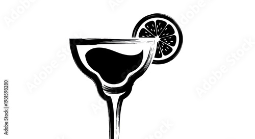 Black and white brush stroke margarita glass with lime slice on white background