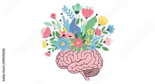 Brain with blooming flowers, symbolizing creativity, mental health, and new ideas.