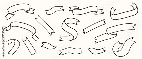 Collection of various ribbon banners in black and white. Includes different shapes and styles. Perfect for design, decoration, and illustration projects. Element vector set.