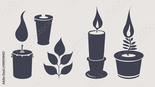 Silhouettes of diverse candles with flames, alongside a cluster of leaves and a plant in a pot