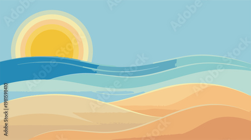 Abstract summer beach illustration with sun, ocean waves, and sand