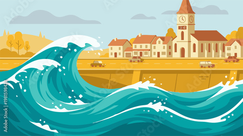 Massive tsunami wave approaching a coastal town with a church and cars