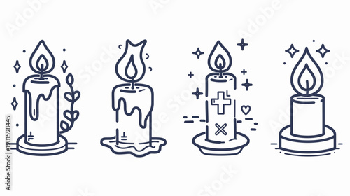 Four line art candle illustrations with a flame, a cross, botanical elements, and decorative accents