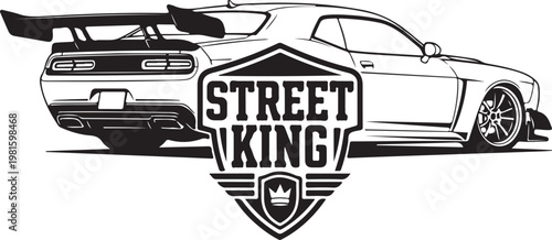 Street King car logo, racing vehicle graphic, black and white illustration, automotive emblem