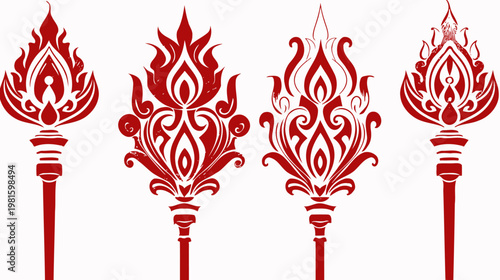 Four stylized red flame and ornamental design, symmetrical, on a white background