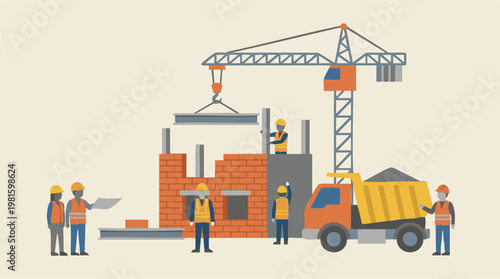 Building construction site with workers, crane, and dump truck illustration