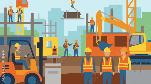Construction site with workers and heavy machinery building development
