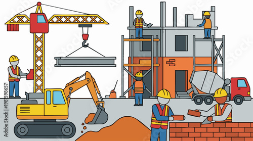 Busy construction site with workers, crane, excavator, and cement truck