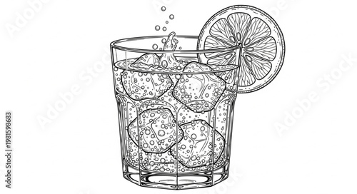 Refreshing Drink with Ice and Lemon Slice in a Glass.