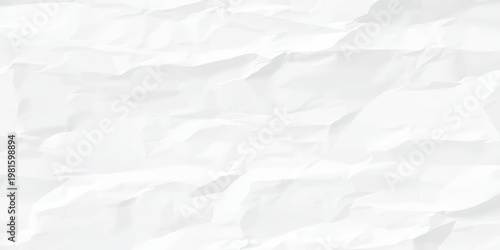 A blank white sheet of crumpled paper features a rough textured surface with a creased pattern of vintage wrinkles and damaged grunge folds on an empty page design