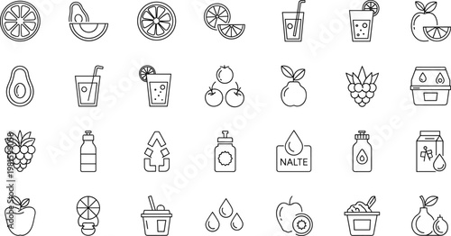 Healthy food and drink outline icon collection vector illustration featuring fruits, juice, smoothies, organic products and nutrition symbols isolated set