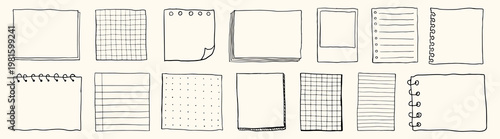Hand-drawn paper sheets. Includes lined, grid, and spiral-bound paper. Sketchy paper designs for notes and sketches. Diverse paper types in a doodle style. Hand drawn illustrations, vector set.