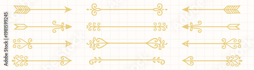 A collection of decorative gold arrows on a grid background. These gold arrows feature intricate designs, showcasing various styles of decorative arrow motifs. Hand drawn illustrations, vector set.