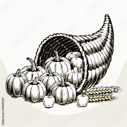 Hand-drawn cornucopia overflowing with pumpkins apples and wheat.