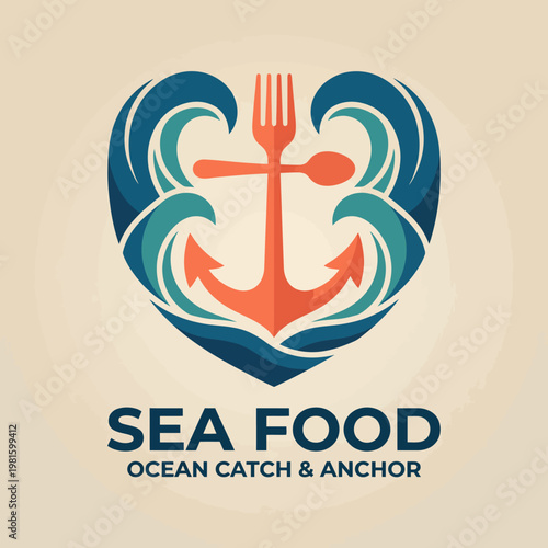 A beautifully designed logo featuring ocean waves and an anchor, symbolizing seafood freshness. This artistic representation evokes feelings of adventure and maritime delights.