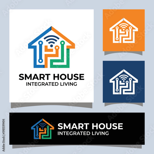 An innovative logo depicting a house with technological elements, highlighting smart living. This design encapsulates modern convenience in residential spaces for tech-savvy homeowners.