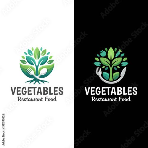 A captivating logo showcasing fresh green vegetables and a pair of hand symbols, representing the essence of a restaurant focused on healthy food options and sustainability.