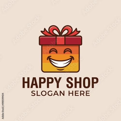 An inviting logo depicting a smiling gift box with a bow, representing happiness and joy, and ideal for a gift shop or any business focused on cheerful gifting experiences.