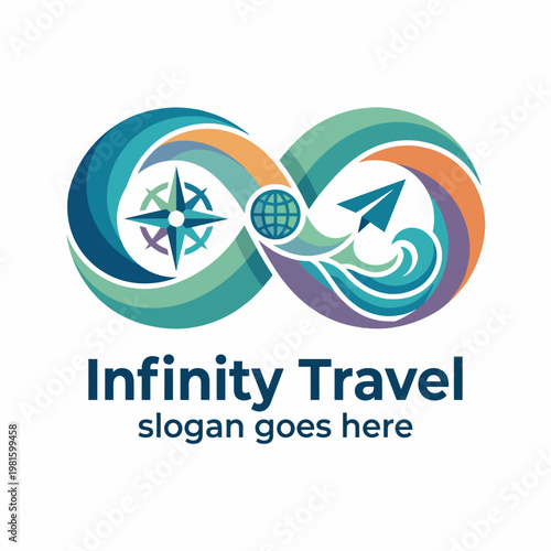 This logo design showcases an infinity symbol intertwined with a compass and airplane, representing limitless travel opportunities and wanderlust in a vibrant color palette.