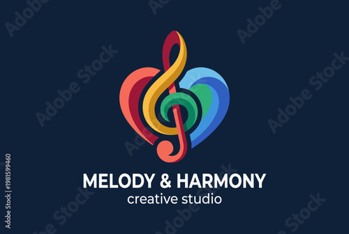 This logo integrates musical notes with a colorful heart shape, showcasing the intertwining embrace of creativity and music, tailored for a vibrant creative studio environment.