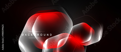 Abstract geometric shapes, vibrant red hues, glowing effects. Dark background enhances visual impact, modern design elements present.