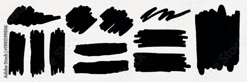 Abstract black brush strokes and circles. Various brush strokes and circles create a dynamic pattern. Brush strokes and circles add artistic flair. Hand drawn illustrations, vector set.