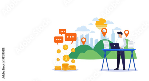 Remote worker on laptop outdoors with cityscape and social media icons