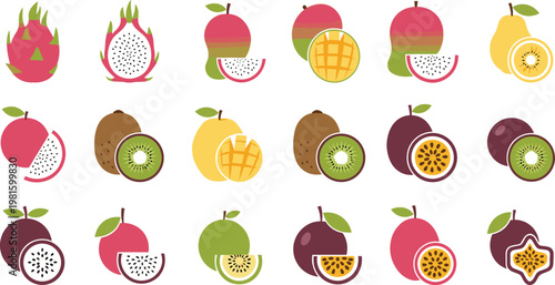 Tropical fruit icon collection vector set with colorful whole and sliced fruits including dragon fruit mango kiwi and passion fruit isolated background