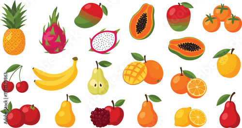 Vibrant tropical fruit collection vector set including mango papaya dragon fruit banana pineapple and citrus fruits isolated for healthy food design