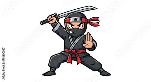 Cartoon ninja with sword and raised hand action illustration