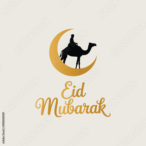 Golden Eid Mubarak Greeting with Silhouette of Person Riding Camel on Crescent Moon