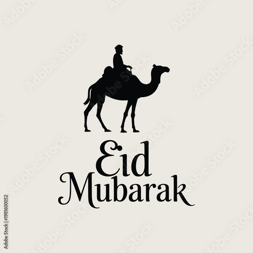 Minimalist Eid Mubarak Greeting with Silhouette of Man Riding a Camel