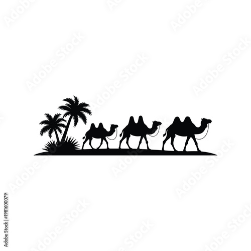 Black Silhouette of Camel Caravan and Palm Trees in Desert Landscape